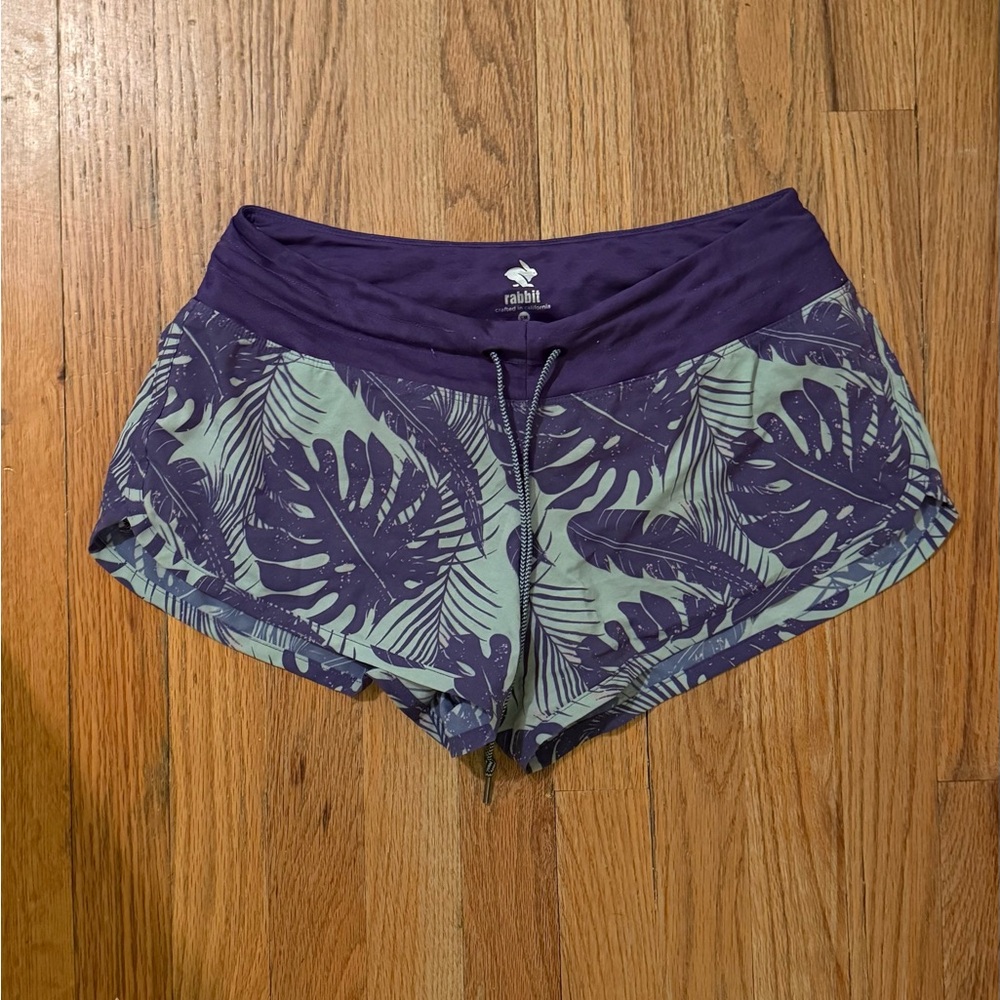 Rabbit Women's Athletic Shorts with Purple Waistband and Green Leaf Print